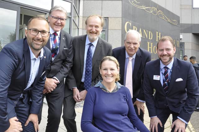 Claire Lomas, keynote speaker at Hampshire Chamber’s Boat Show lunch, with (from left) Brian Clark (British Marine’s Head of Public Affairs), Paul Gullett (BM President); Ross McNally (Hampshire Chamber Chief Executive), Peter Taylor (Paris Smith) and Matthew Beckwith (BM Chairman).