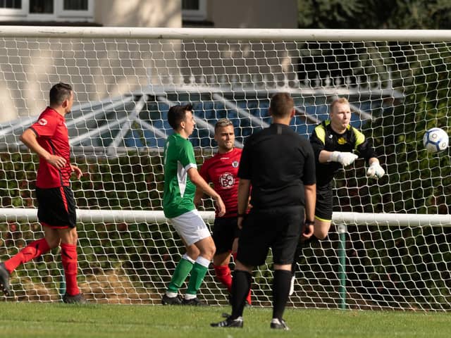 Moneyfield's goalkeeper Joe Hunt, right, was sent off in the first half of his side's HPL win at Liphook.
Picture: Keith Woodland
