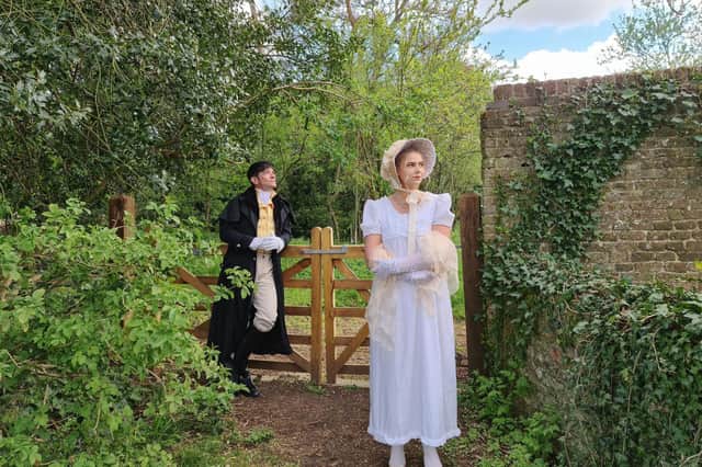 Charlotte Thomas as Emma and Jonathon Fost as Mr Knightley in CCADS adaptation of Jane Austen's Emma, playing at various outdoor venues, summer 2021. 