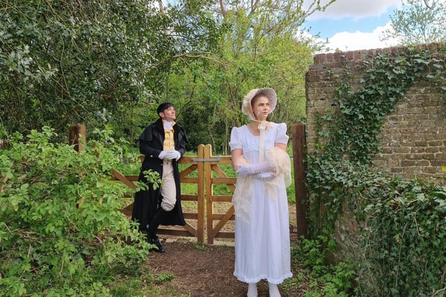 Charlotte Thomas as Emma and Jonathon Fost as Mr Knightley in CCADS adaptation of Jane Austen's Emma, playing at various outdoor venues, summer 2021.