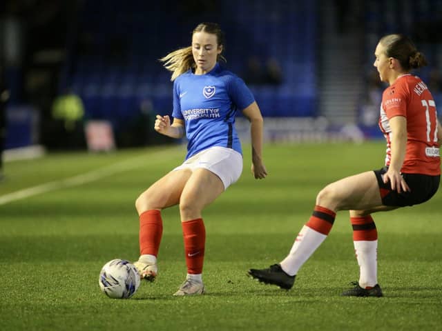 Ava Rowbotham plays a pass in Pompey Women's league battle with arch-rivals Southampton FC Women which was staged at Fratton Park earlier this season