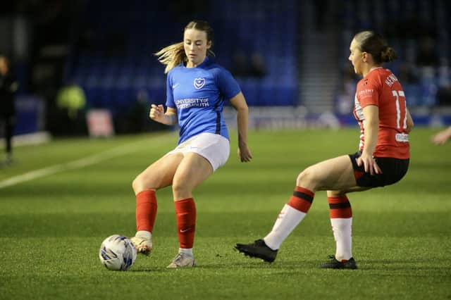 Ava Rowbotham plays a pass in Pompey Women's league battle with arch-rivals Southampton FC Women which was staged at Fratton Park earlier this season