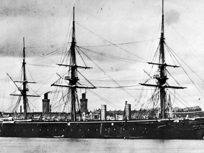 The 'HMS Warrior', the Royal Navy's first iron-hulled warship, off Keyham Dockyard in Plymouth, circa 1860. (Photo by Hulton Archive/Getty Images)