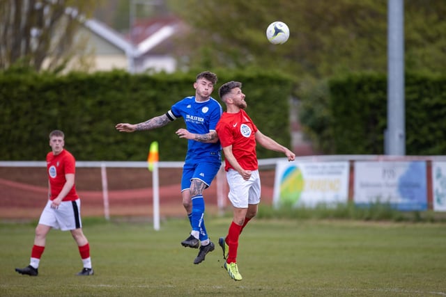 Action from Gosport Town's 4-0 victory over Lee Rangers (blue kit) in the Portsmouth & District FA Trophy final at Cams Alders. Picture: Alex Shute