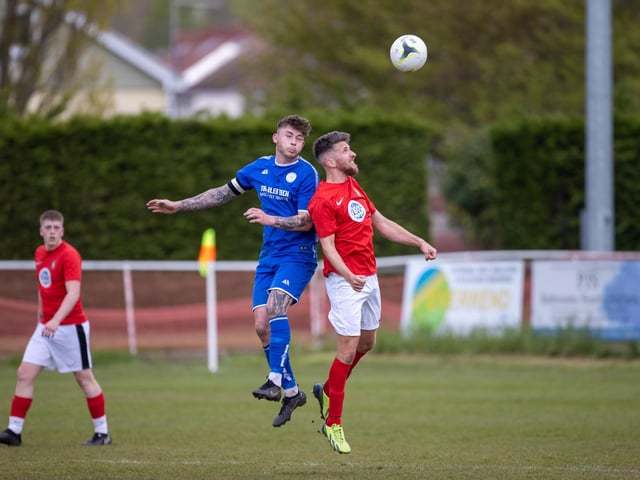 Action from Gosport Town's 4-0 victory over Lee Rangers (blue kit) in the Portsmouth & District FA Trophy final at Cams Alders. Picture: Alex Shute