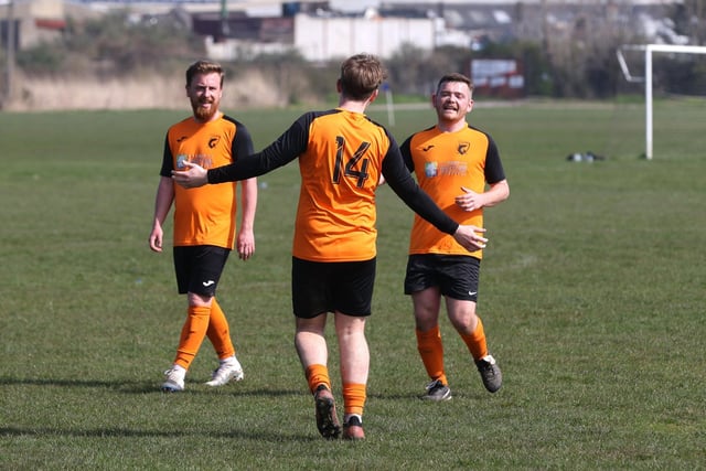 AFC Farlington celebrate during their 6-1 victory over AFC Bedhampton Village A in Division Five. Picture: Sam Stephenson