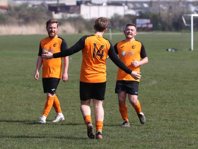 AFC Farlington celebrate during their 6-1 victory over AFC Bedhampton Village A in Division Five. Picture: Sam Stephenson