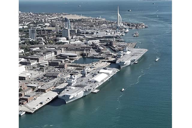 HMS Queen Elizabeth and HMS Prince of Wales taken from an ex-Royal Navy Westland Wasp belonging to the Westland Wasp Historic Flight by Cliff Ibell