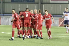 Hemel celebrate a goal in December's 3-2 win at Westleigh Park - the Tudors, though, are still waiting for their first home league win of 2020/21. Pic: Kieron Louloudis.