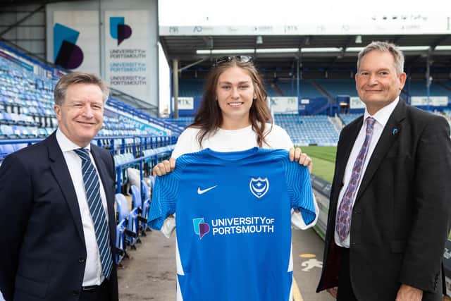 Isibeal O’Carroll with Portsmouth FC chief executive Andrew Cullen (left) and University of Portsmouth vice-chancellor Graham Galbraith (right)