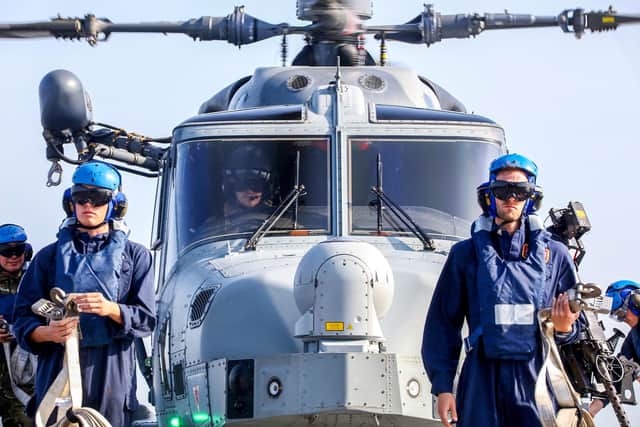 Pictured: HMS Montrose's Wildcat helicopter. Photo: LPhot Rory Arnold