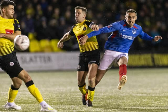 Brandon Haunstrup helps spare Pompey's blushes with the leveller in the previous FA Cup encounter with Harrogate in November 2019. Picture: Daniel Chesterton/PinPep