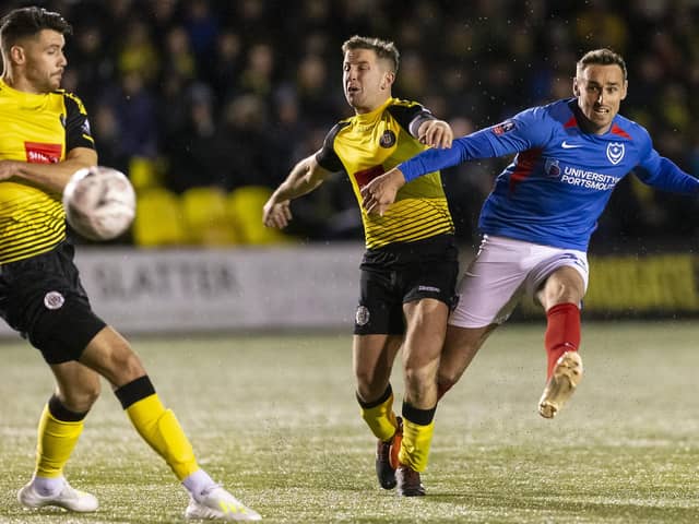 Brandon Haunstrup helps spare Pompey's blushes with the leveller in the previous FA Cup encounter with Harrogate in November 2019. Picture: Daniel Chesterton/PinPep