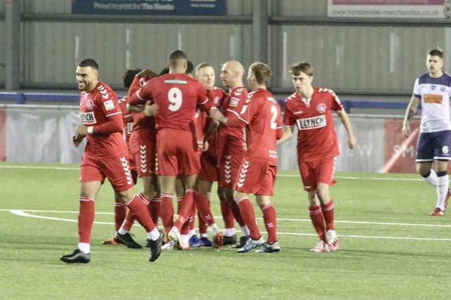 Hemel Hempstead celebrate a goal during their shock 3-2 National League South win at Westleigh Park. Pic: Kieron Louloudis.