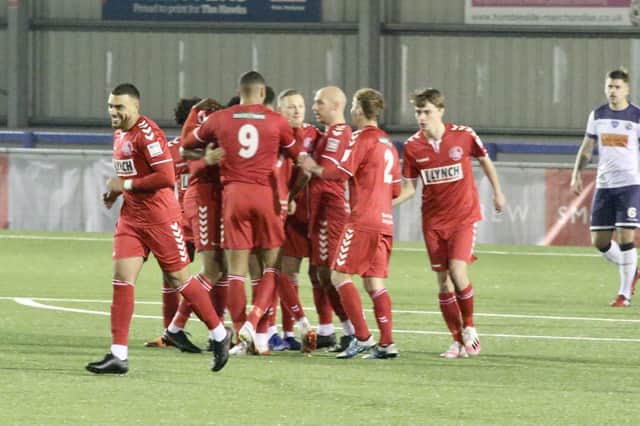 Hemel Hempstead celebrate a goal during their shock 3-2 National League South win at Westleigh Park. Pic: Kieron Louloudis.