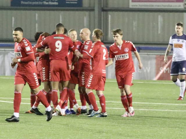 Hemel Hempstead celebrate a goal during their shock 3-2 National League South win at Westleigh Park. Pic: Kieron Louloudis.