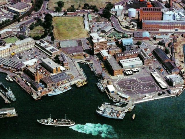 HMS Vernon in 1977. The helicopter landing pads were installed that year.