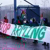 Protesters form a blockade outside BAE Systems in Govan near Glasgow, as part of the ongoing campaign against sending arms to Israel. Picture: Jane Barlow/PA Wire
