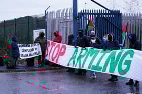 Protesters form a blockade outside BAE Systems in Govan near Glasgow, as part of the ongoing campaign against sending arms to Israel. Picture: Jane Barlow/PA Wire