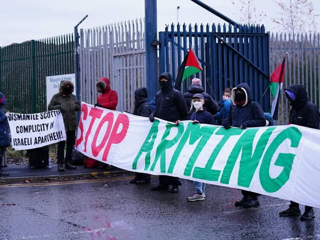 Protesters form a blockade outside BAE Systems in Govan near Glasgow, as part of the ongoing campaign against sending arms to Israel. Picture: Jane Barlow/PA Wire