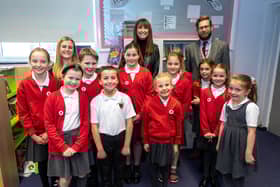 Teacher Charley Poolton with Emma Barton and headteacher Ashley Howard together with children from the Pupil's Parliament at Highbury Primary. Picture: Mike Cooter (051121)