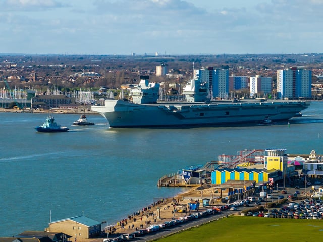 HMS Prince of Wales sailing out of Portsmouth as she heads for a huge Nato deployment in the North Sea. Picture: Michael Woods - Solent Sky Services.