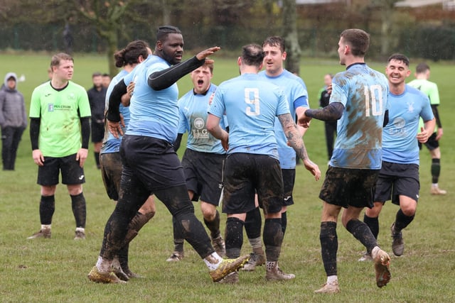 Moulay Ousman, left, has just scored for Wicor Mill. Picture by Kevin Shipp