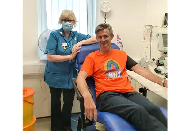 Toby Morgan donating blood in a bid to find a cure for coronavirus