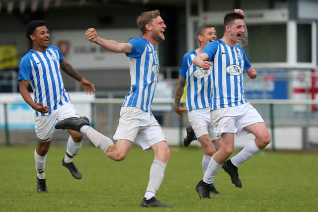 Coach & Horse Albion celebrate their penalty shoot-out win against Wicor Mill. Picture: Chris Moorhouse