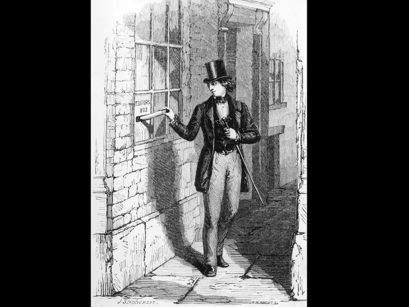 Charles Dickens (1812 - 1870) delivers some sketches by 'Boz' - his illustrationist pseudonym - to the magazine edition box of the Morning Chronicle.   (Photo by Hulton Archive/Getty Images)