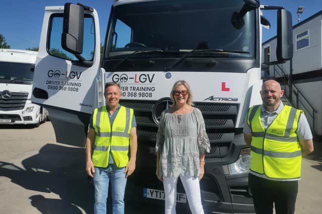 Gosport MP Dame Caroline Dinenage with Damian Gaffney and Adam Grant at GO-LGV Ltd