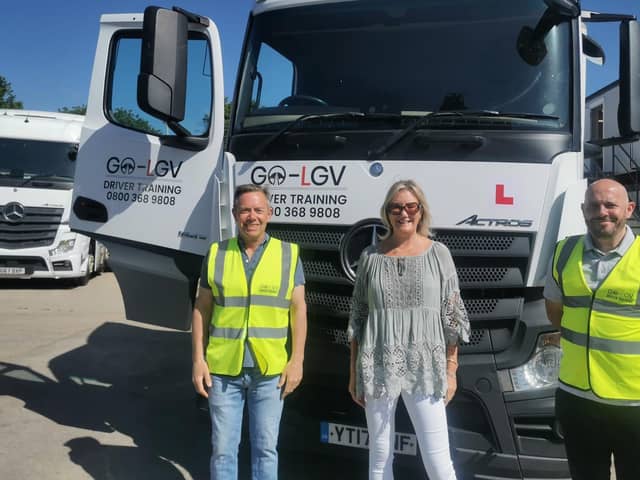 Gosport MP Dame Caroline Dinenage with Damian Gaffney and Adam Grant at GO-LGV Ltd