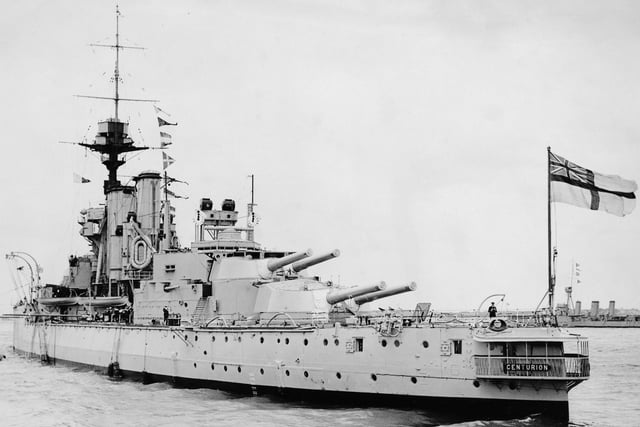 The Royal Navy King George V-class dreadnought battleship HMS Centurion, flagship of the Reserve Fleet Portsmouth at anchor off Spithead awaiting the Fleet Review by King George V on 26 July 1924 off Portsmouth, United Kingdom.  HMS Centurion was scuttled as a breakwater during the Invasion of Normandy off Omaha Beach on 9 June 1944 to protect a Mulberry harbour built to supply the forces ashore. (Photo by Topical Press Agency/Hulton Archive/Getty Images)