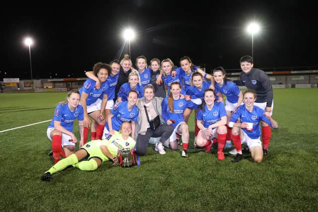 Portsmouth celebrate after winning the Hampshire FA Women's Senior Cup for the 12th season running. Picture by Dave Haines.