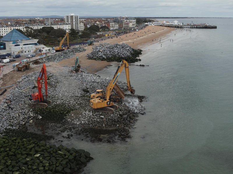 Work is progressing on the groyne near to the Pyramids