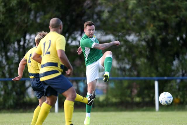 Moneyfields striker Mig Dark fires in a shot. Picture: Chris Moorhouse