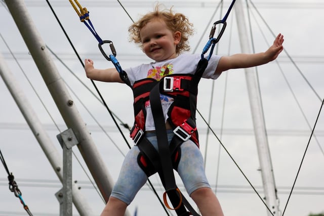 Pictured - Emily Campbell-Gurry, 4, enjoying the trampolines. Photos by Alex Shute.