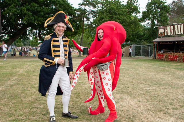 Rebecca Tincey and Alex Morton dress up in the 'sirens and sailors' theme for the Isle Of Wight Festival 2022.