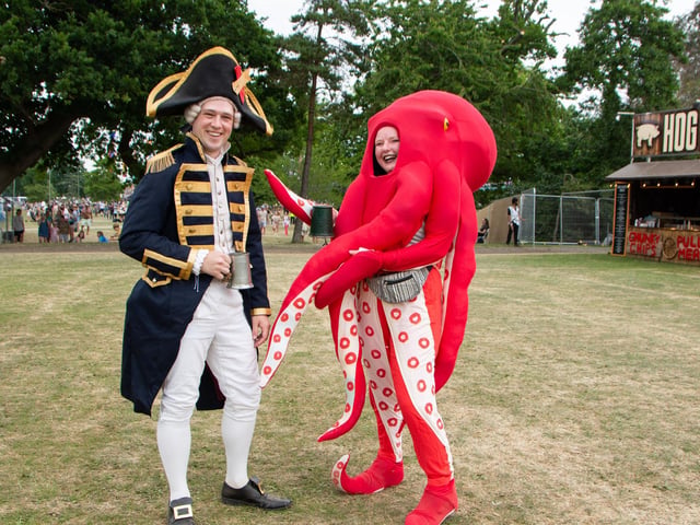 Rebecca Tincey and Alex Morton dress up in the 'sirens and sailors' theme for the Isle Of Wight Festival 2022.