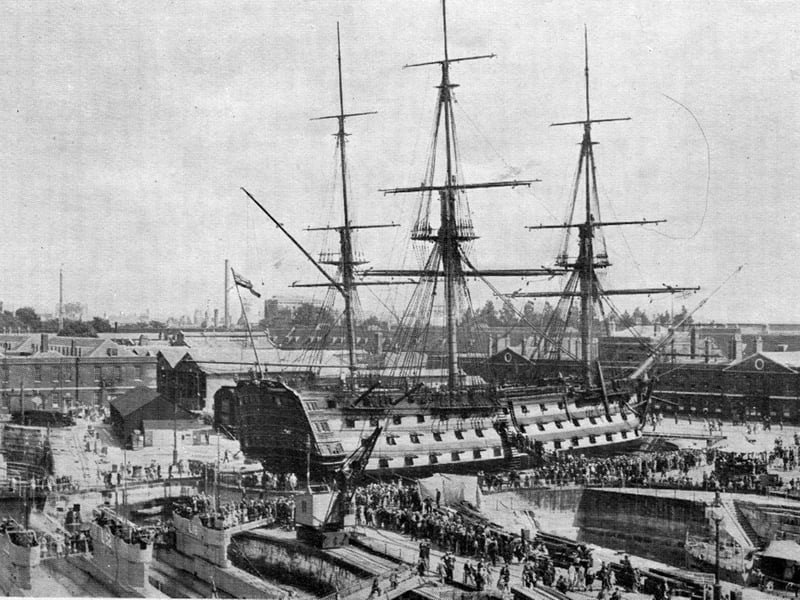 In days past when we had a huge navy, HMS Victory was titled ’the cathedral of the Royal Navy. In this magnificent photograph, thousands of people can be seen
trying to board the nelson’s flagship. Where the Mary Rose museum now stands can be seen sheds and warehouses. Undated