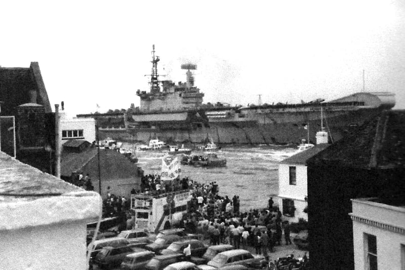 HMS Hermes passing Bath Square on her return home after the Falklands War.