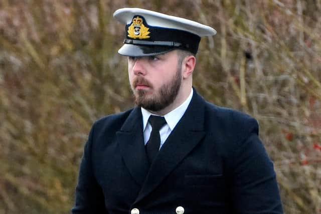 Pictured: Sub Lieutenant Scott Ewing, who is based at HMS Collingwood, arriving at Bulford Military court.
© Ewan Galvin/Solent News & Photo Agency