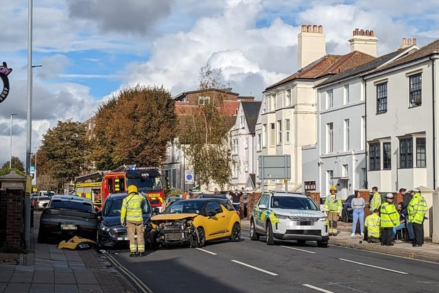An eye-witness picture from the scene of a crash in Victoria Road North, Southsea, this afternoon. Police said no injuries were reported and some road closures are in place.