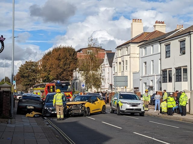 An eye-witness picture from the scene of a crash in Victoria Road North, Southsea, this afternoon. Police said no injuries were reported and some road closures are in place.