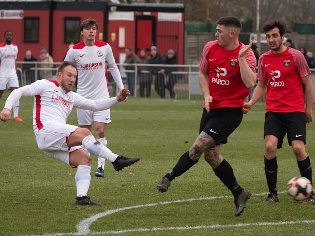 Horndean striker Connor Duffin fires in a shot
Picture: Keith Woodland