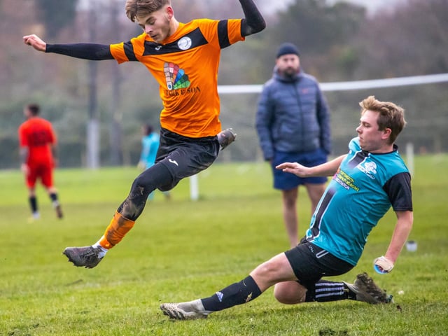 Bransbury Wanderers Reserves (orange) v Farlington Rovers. Picture by Alex Shute