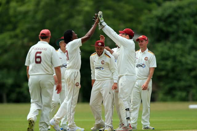 Gosport Borough bowler Tyrel Chicot, centre left, has just taken one of his five Purbrook wickets
Picture: Chris Moorhouse