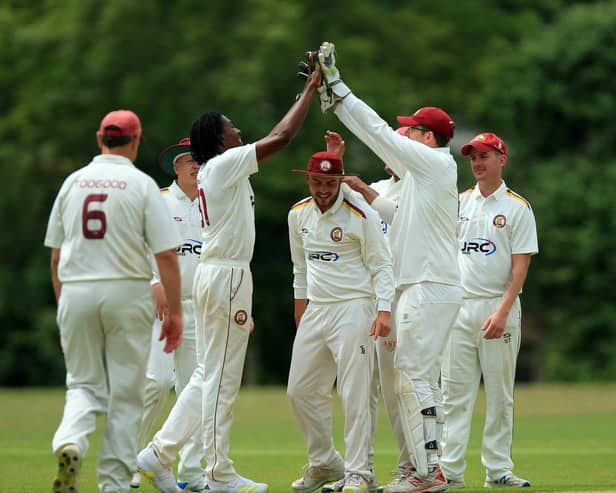 Gosport Borough bowler Tyrel Chicot, centre left, has just taken one of his five Purbrook wickets
Picture: Chris Moorhouse