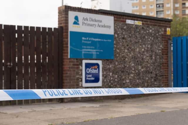 Police cordoned off Ark Dickens school while investigating on Sunday, September 20. 
Picture: Keith Woodland (200920-6)