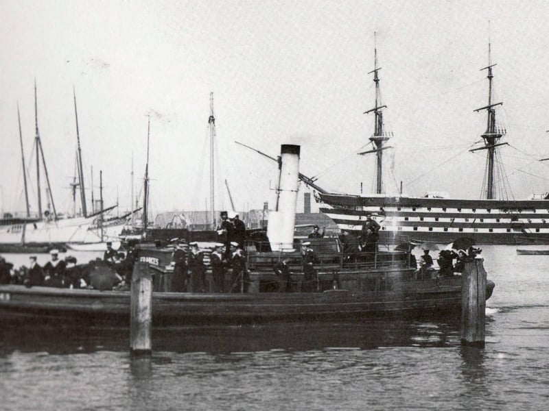 Gosport ferry Frances pictured in 1900, with HMS Victory in the background